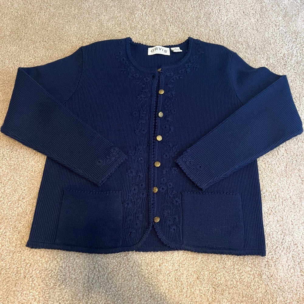 Orvis Cardigan Women’s Medium Button Front Navy Blue Embroider Detail